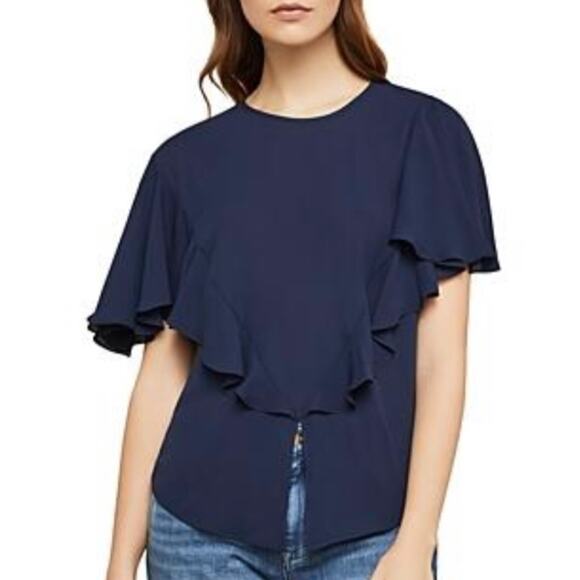 BCBGMAXAZRIA Navy Blue Solid Ruffle Short Sleeve Polyester Blouse Top Size XS - Picture 1 of 10